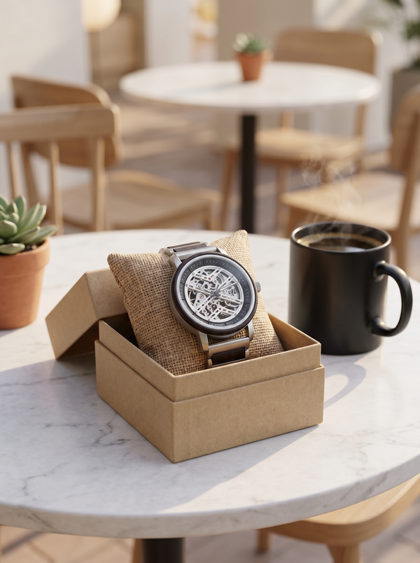 Wooden watch with coffee